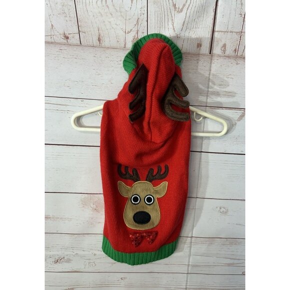 DOG Red Hooded SWEATER Pet Apparel Size small REINDEER Christmas Costume - Picture 1 of 6
